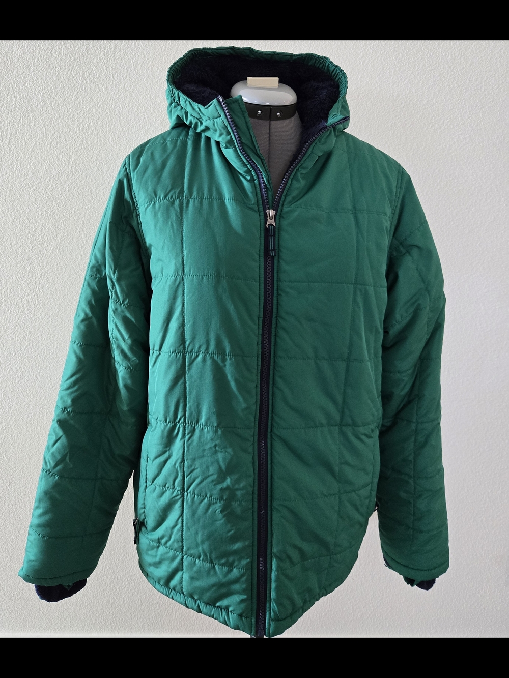 Lands' End Green Hooded Puffer Jacket Navy Lined W/ Optional fleece Thumb Holes